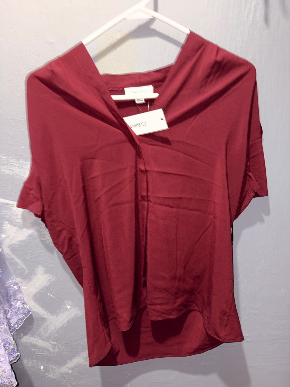 Calvin Klein Draped V-Neck Short Sleeve Top - Wine Red